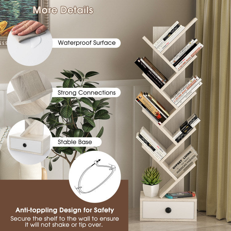 10-Tier Tree Bookshelf with Drawer and Anti-Tipping Kit