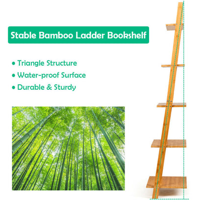 5-Tier Modern Bamboo Wall-Leaning Display Ladder Bookshel