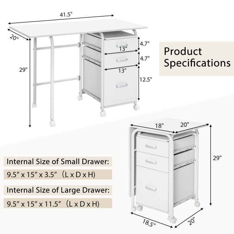 Home Office Folding Computer Laptop Desk Wheeled with 3 Drawers