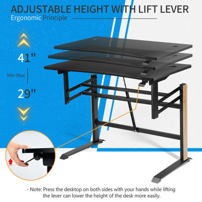 Pneumatic Height Adjustable Gaming Desk T Shaped Game Station with Power Strip Tray