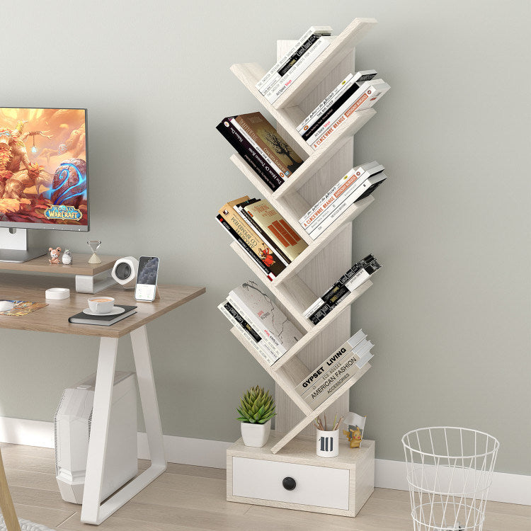 10-Tier Tree Bookshelf with Drawer and Anti-Tipping Kit