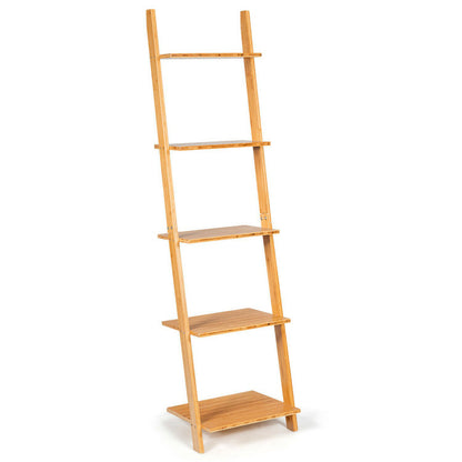 5-Tier Modern Bamboo Wall-Leaning Display Ladder Bookshel