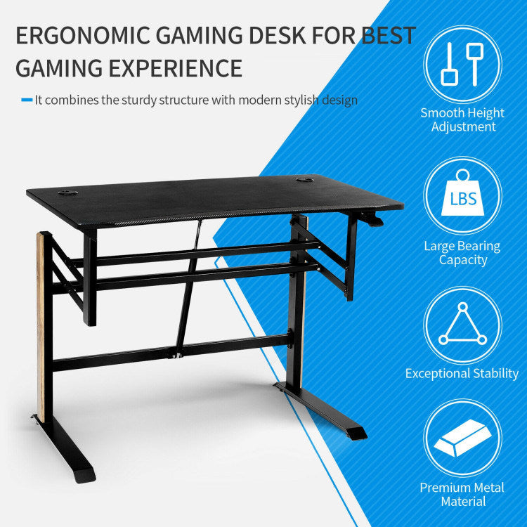 Pneumatic Height Adjustable Gaming Desk T Shaped Game Station with Power Strip Tray