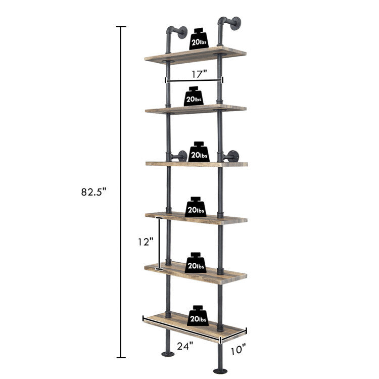 6-Tier Industrial Wall Mounted Pipe Shelves