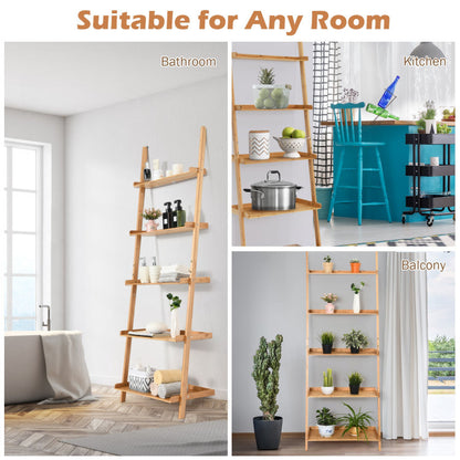 5-Tier Ladder Shelf Bamboo Bookshelf Wall-Leaning Storage Display Plant Stand