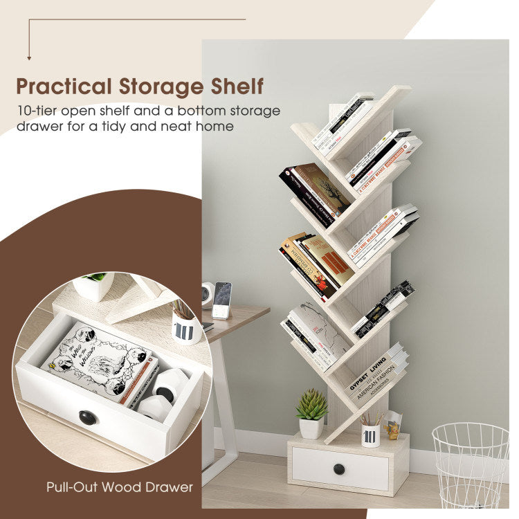 10-Tier Tree Bookshelf with Drawer and Anti-Tipping Kit