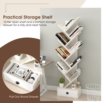 10-Tier Tree Bookshelf with Drawer and Anti-Tipping Kit